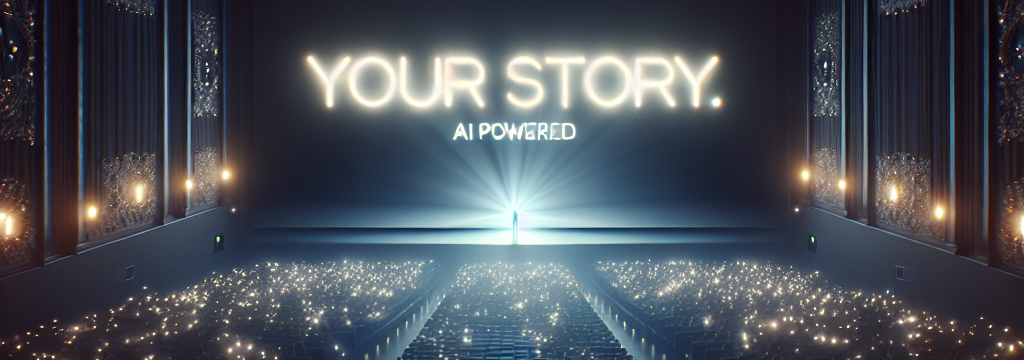 Ultra-wide cinematic shot of a movie theater interior, dim ambient lighting, large screen displaying the text “Your Story. AI Powered.” and the In‑Director logo