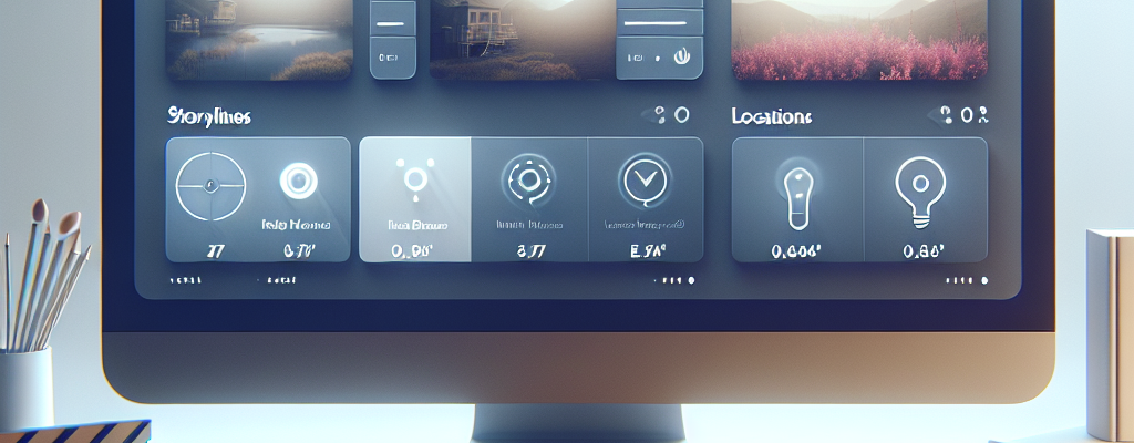 Clean, modern SaaS dashboard UI mockup, with tabs for Storylines, Characters, Locations, Scenes, and Final Cut preview. Soft gradient background, professional UI style, isometric perspective.